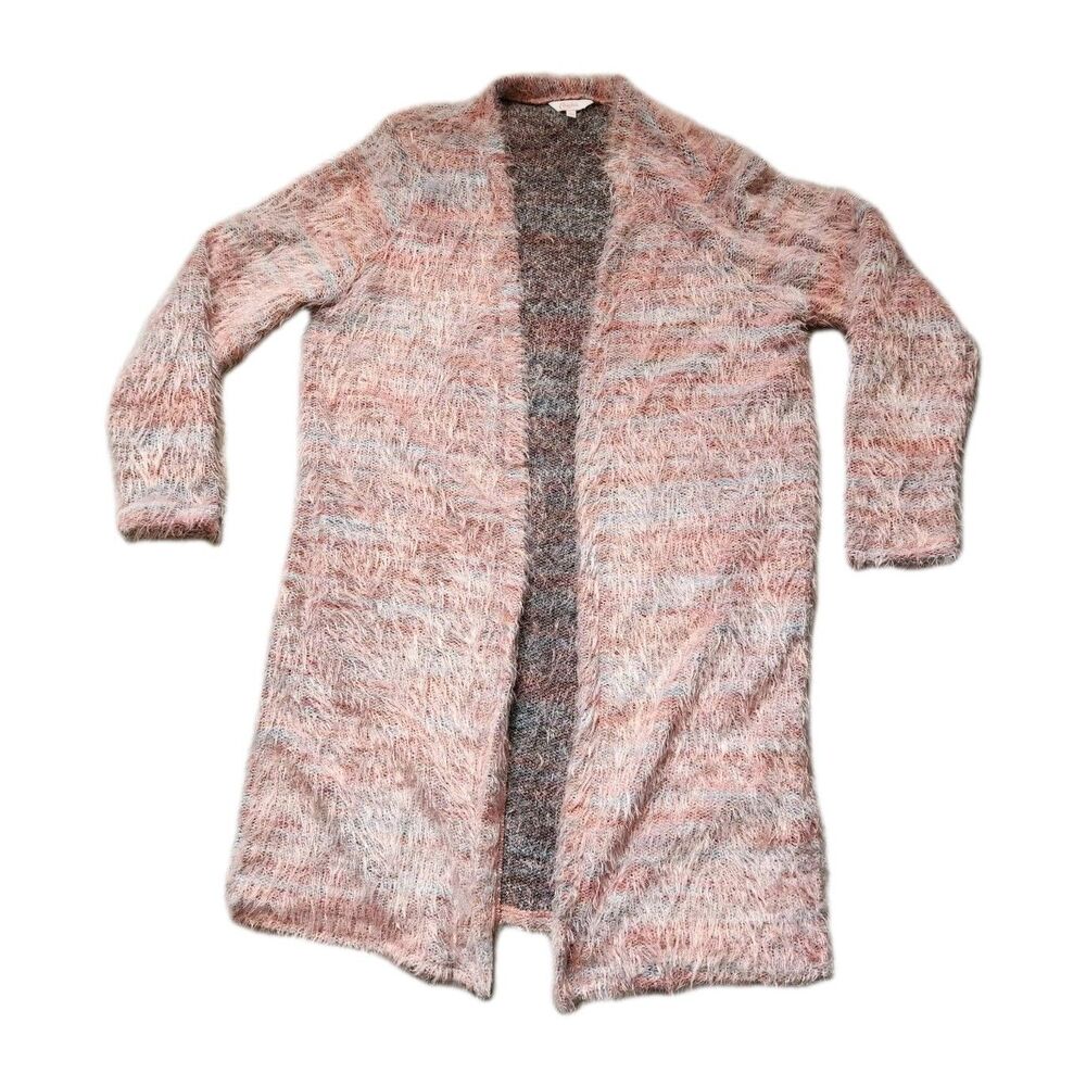 Candie’s Eyelash Knit Cardigan Pink Open Front Fuzzy Long Soft Cozy Sz L EUC Y2K